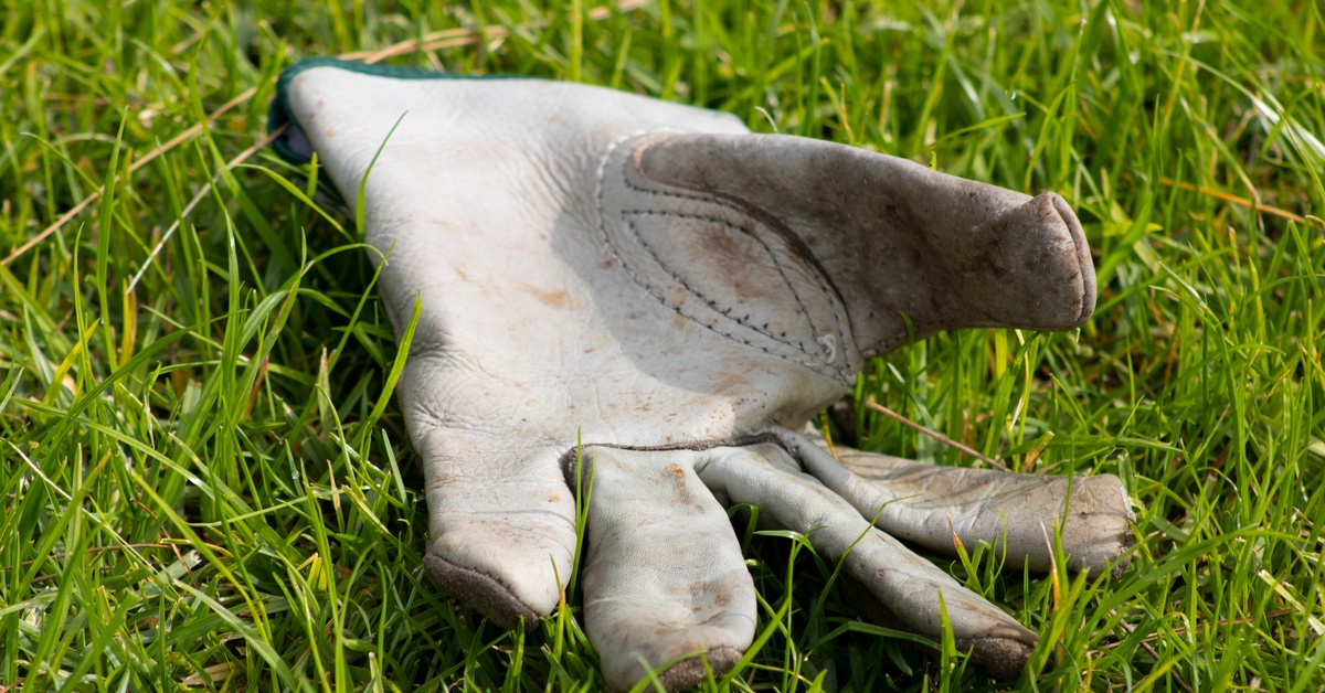 A single white glove lying in a patch of grass. The glove looks worn and dirty like it's been used repeatedly.