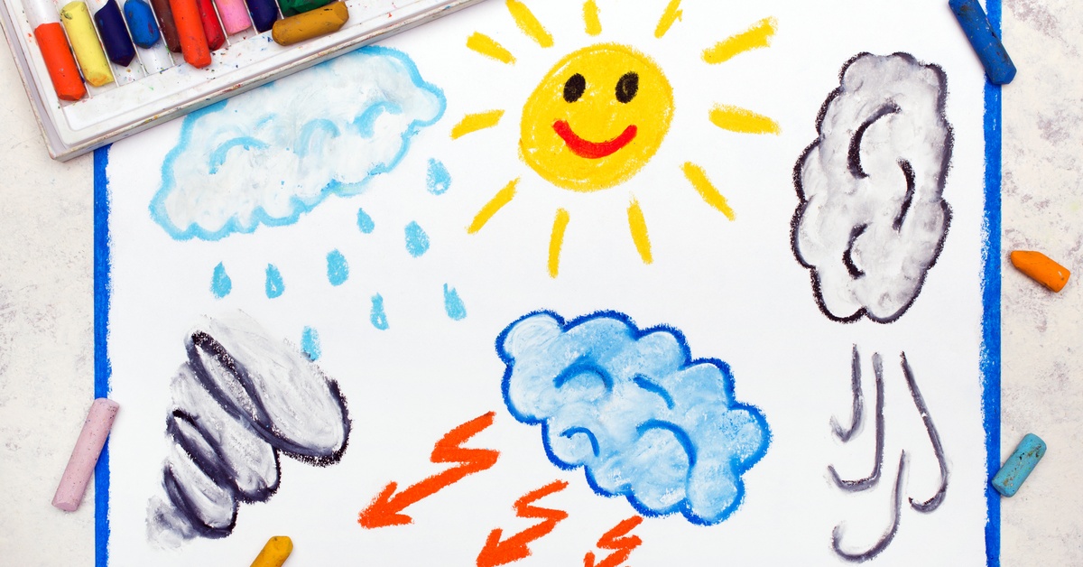 A child's drawing of a tornado, storm clouds, and the sun. There are a bunch of colored chalk pieces lying around the picture.